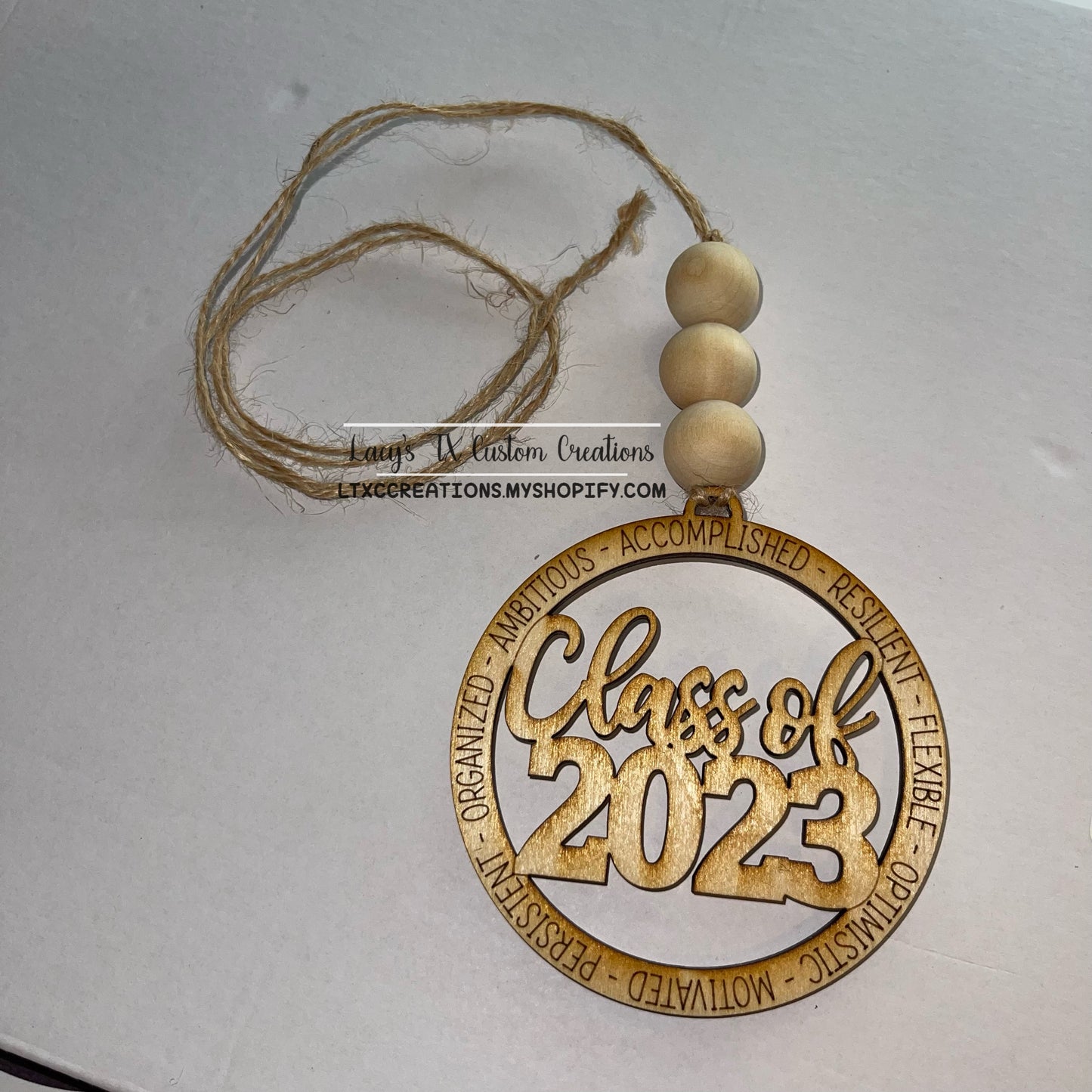 CLASS OF 2023 - Wooden Car Charm with Beads/Twine String