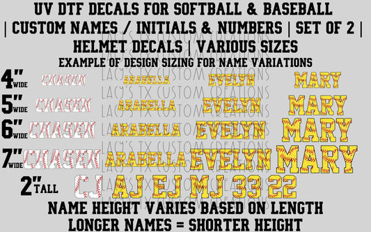 UV DTF Decals for Softball & Baseball | Custom Names & Numbers | Set of 2 | Helmet Decals | Various Sizes