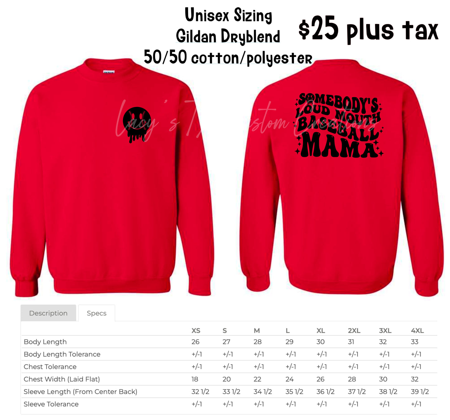 Gildan Dryblend 50/50 Sweatshirt - RED/BLACK - Baseball Pocket Smiley - Somebody's Loud Mouth Baseball Mama