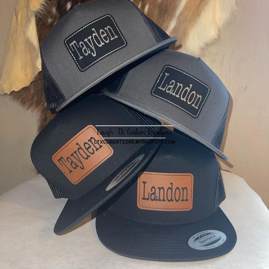 ADULT FATHERS DAY SPECIAL -- YP Classics - Flat Bill Trucker Cap - WITH CUSTOM LEATHER PATCH