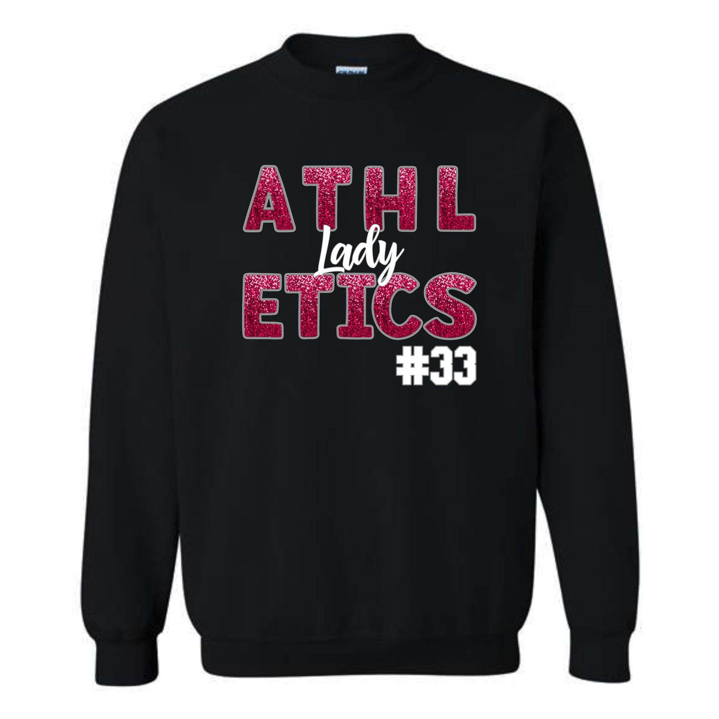 FAUX EMBROIDERY GLITTER SEQUIN Lady Athletics Crewneck Sweatshirt *YOUTH SIZES ONLY COME IN THE BLACK SWEATSHIRT COLOR*