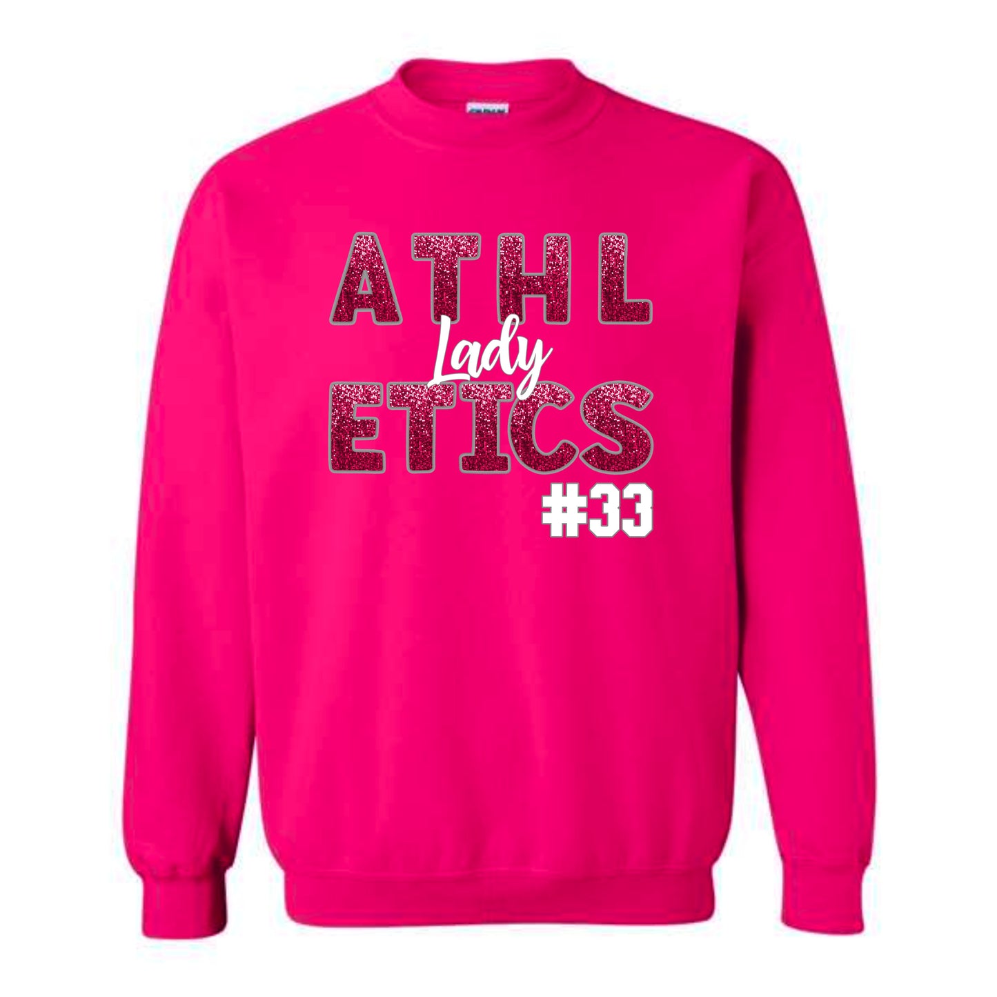 FAUX EMBROIDERY GLITTER SEQUIN Lady Athletics Crewneck Sweatshirt *YOUTH SIZES ONLY COME IN THE BLACK SWEATSHIRT COLOR*