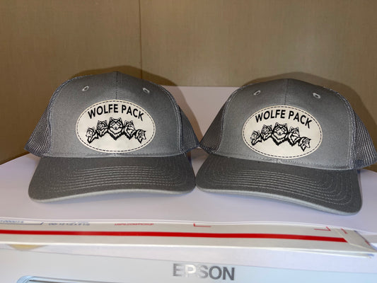 WOLFE PACK HAT -- Port Authority Snapback Trucker Hat  *SIMILAR STYLE TO RICHARDSON 112 HATS* with Custom Leatherette Patch