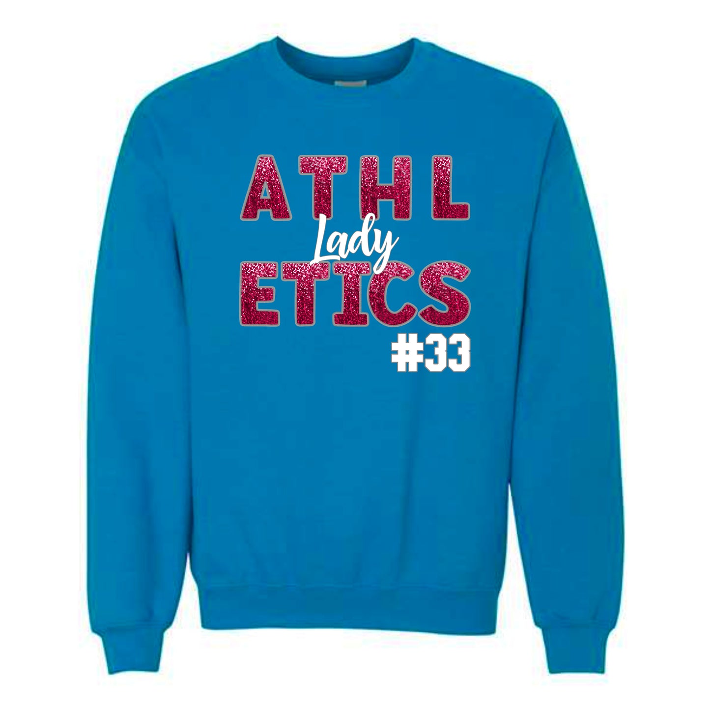 FAUX EMBROIDERY GLITTER SEQUIN Lady Athletics Crewneck Sweatshirt *YOUTH SIZES ONLY COME IN THE BLACK SWEATSHIRT COLOR*
