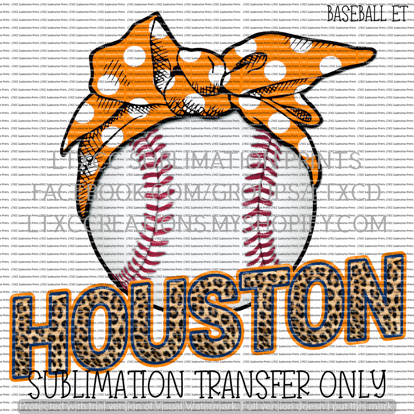 HOUSTON Orange Bow BASEBALL - SUBLIMATION PRINT TRANSFER