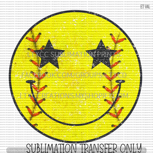 SOFTBALL STAR EYES SMILEY FACE -  SUBLIMATION PRINT TRANSFER