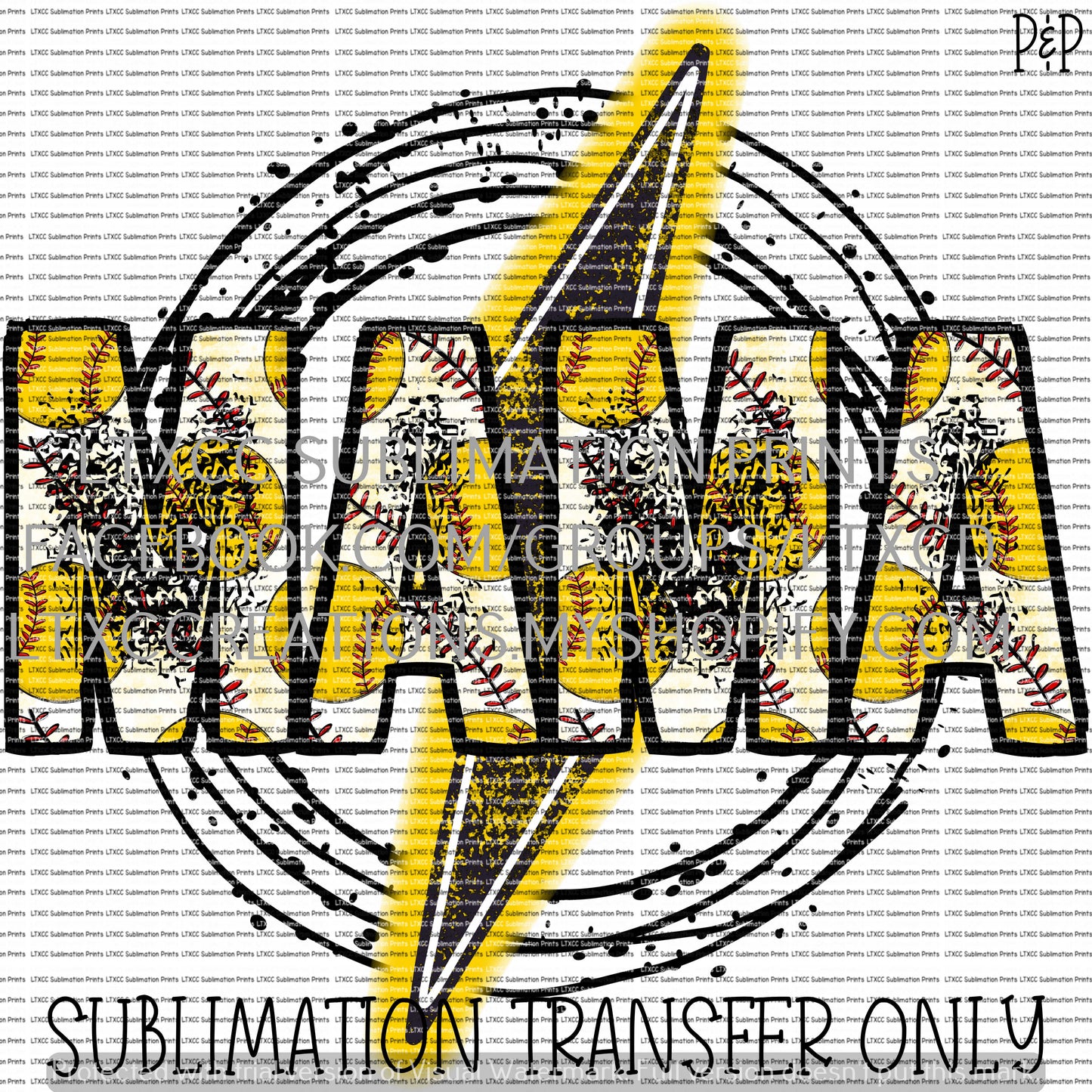 SOFTBALL MAMA LIGHTENING BOLT SUBLIMATION PRINT TRANSFER