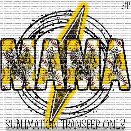 SOFTBALL MAMA LIGHTENING BOLT SUBLIMATION PRINT TRANSFER