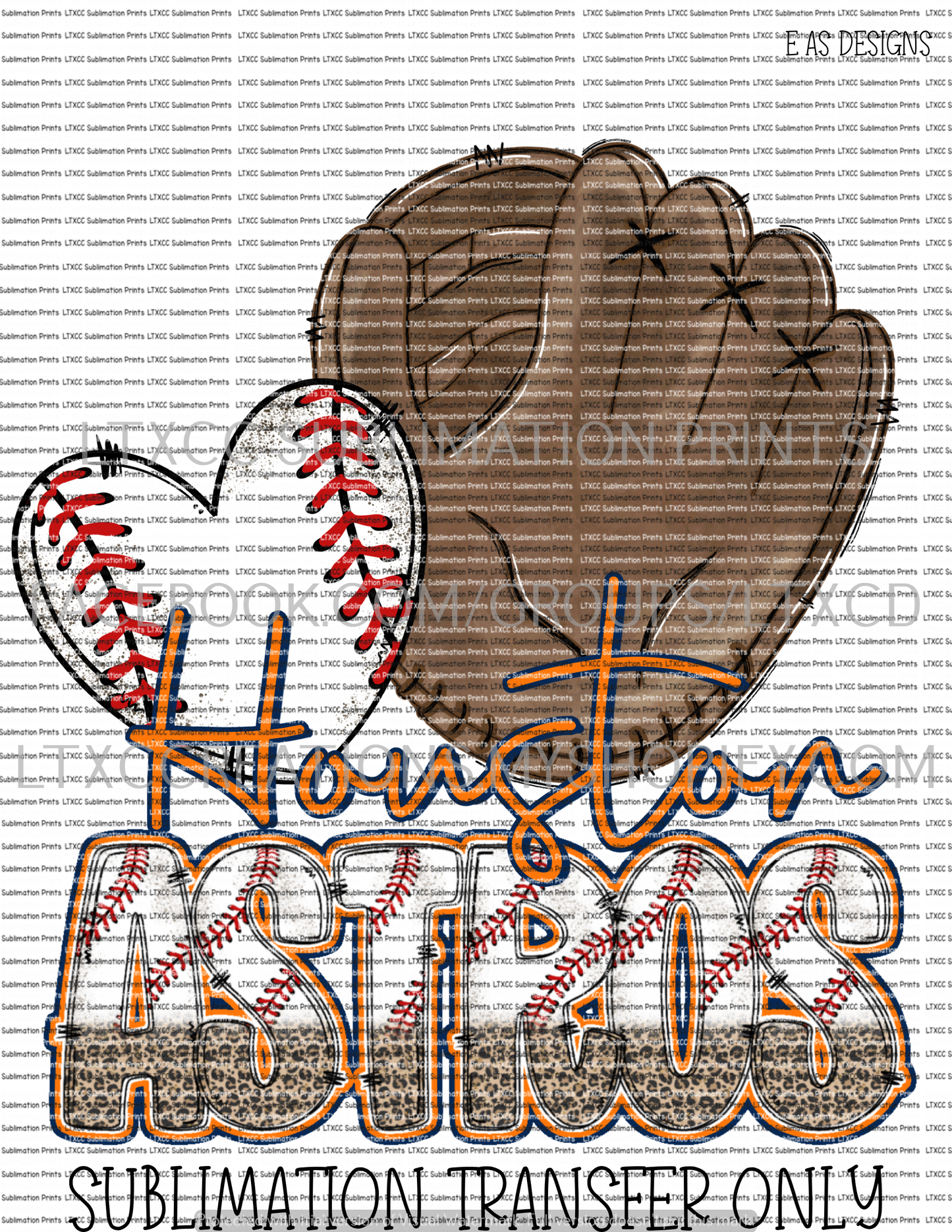 HOUSTON A S T R O S  GLOVE HEART -  SUBLIMATION PRINT TRANSFER