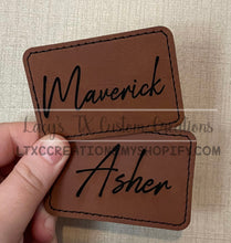 Load image into Gallery viewer, 3”x2” Laser Engraved Leatherette Name Patches w/ Heat Activated Adhesive Backing
