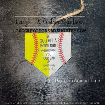 SOFTBALL/BASEBALL - REAR VIEW MIRROR CHARM - God Hit a Homerun When He Made You Our/My Dad