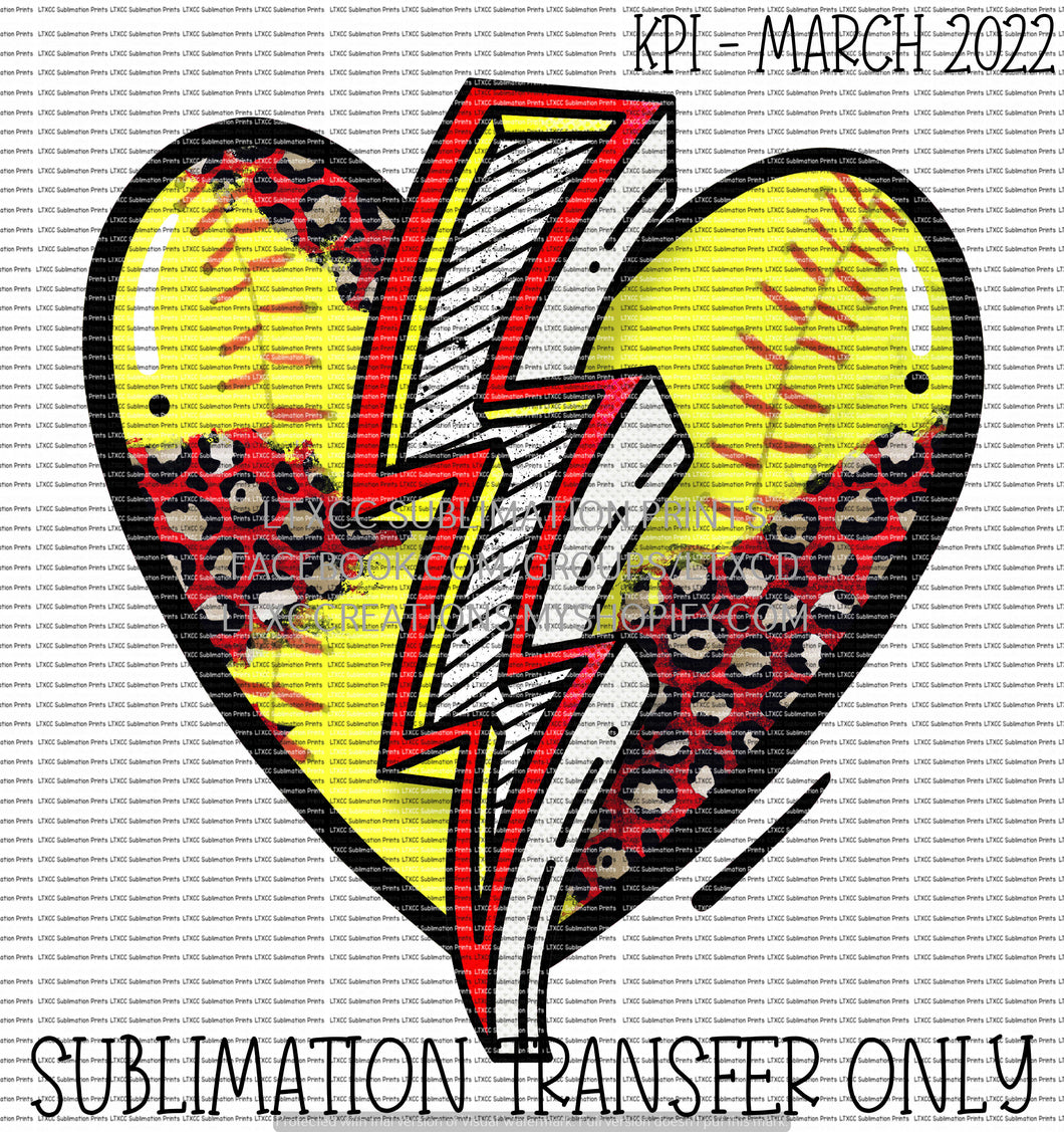 Softball Heart Bolt SUBLIMATION PRINT TRANSFER