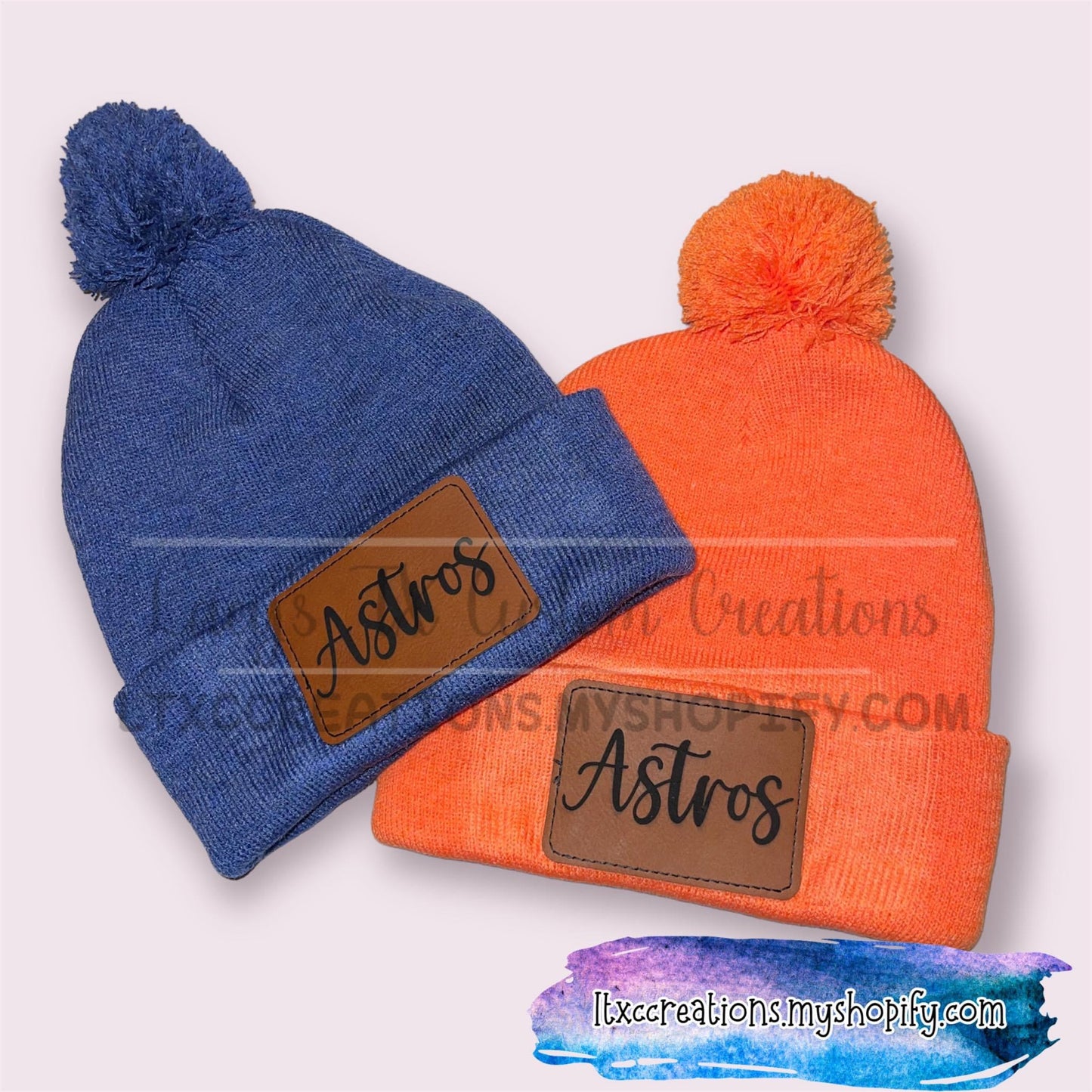 A S T R O S Pom-Pom 12" Knit Beanie with Leatherette Patch