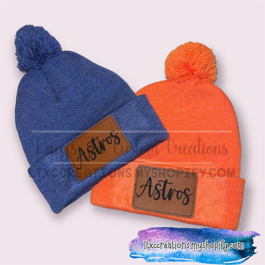 A S T R O S Pom-Pom 12" Knit Beanie with Leatherette Patch