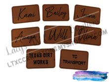 Load image into Gallery viewer, 3”x2” Laser Engraved Leatherette Name Patches w/ Heat Activated Adhesive Backing
